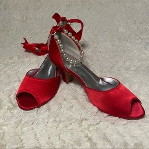 Red Satin Fancy Sandal with Pearl and Rhinestone Ankle Strap and Satin Ribbon